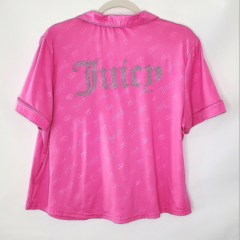 Juicy Couture Bling Spell Out Top Size XL Pink Short Sleeve Button-up Sleepwear